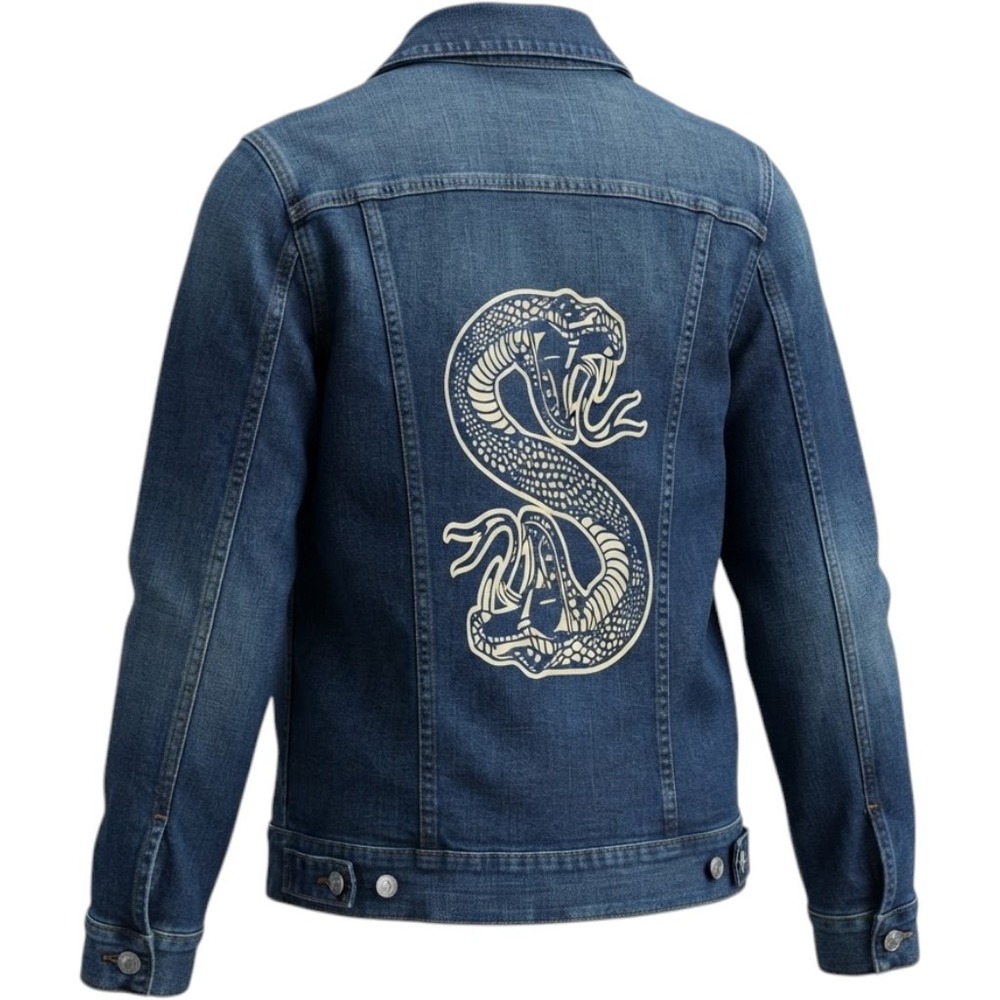 (A2) Chico's Women Blue Denim Gold Snake Graphic Trucker Jacket Medium Wash L